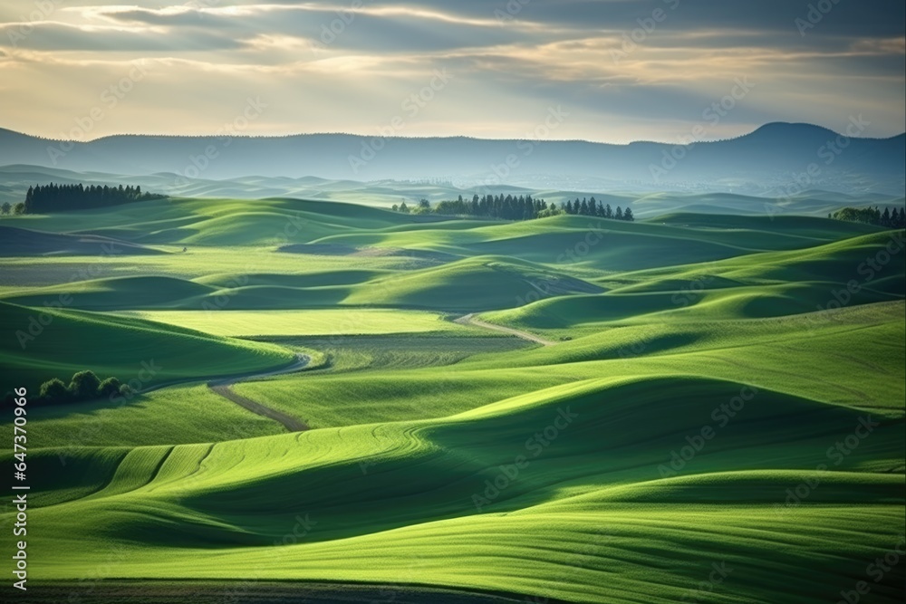 Rolling Hills of Palouse. Green Agrarian Landscape of Steptoe Butte and Surrounding Wheatfields in Washington Farming Region