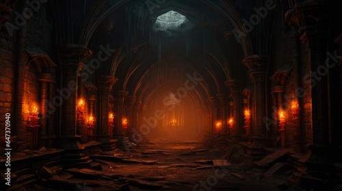 Mystical Nightmare in Abandoned Catacombs with Torches. Creepy Mediaeval Architecture in 3D Rendering Of an Ancient Church Background