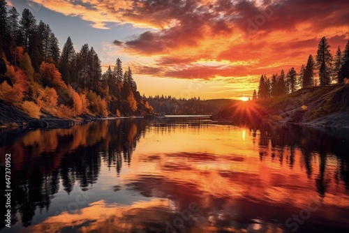 Peaceful Reflections of Spokane River at Sunset: Lazy Flowing River with Colorful Beauty of Fall in Red and Yellow Hues