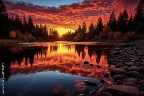 Peaceful Fall Reflections of Spokane River at Nine Mile Reservoir - A Lazy Flowing River of Red, Yellow, and Colorful Beauty at Sunset photo