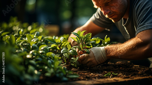 Expert Gardener's Hands: Close-Up of Pruning and Trimming in a Garden. Generative AI.