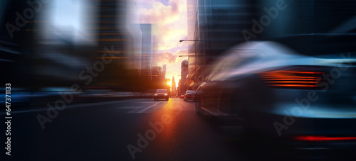 Sunlight in a modern cityscape at sunset. Defocused image of a near dark street. Tall buildings, towers skyscrapers, cars. Wide scale image created using Generative AI tools. photo