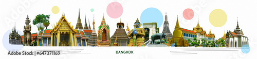 Obraz na płótnie Collage of landmarks of Bangkok, Thailand. The Royal Palace palace of the king of Thailand at Bangkok. w salonie
