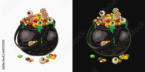 Witch cauldron full of traditional halloween candy, eyeballs. Eyeballs with drops of green goo, slime, eye on stick like lollipop. Cast iron pot. Traditional halloween design element in vintage style.