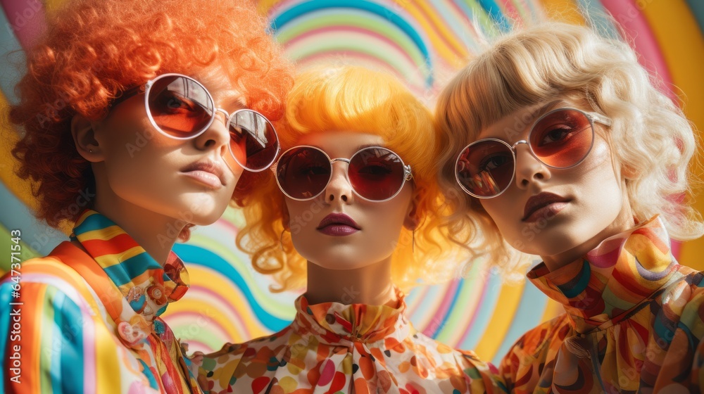 Photo of three stylish women wearing vibrant psychedelic outfits that are quirky and unique with iridescent colourful jelly sunglasses - Created with Generative AI Technology