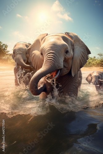 Joyful Elephants Splashing Water - AI Generated
