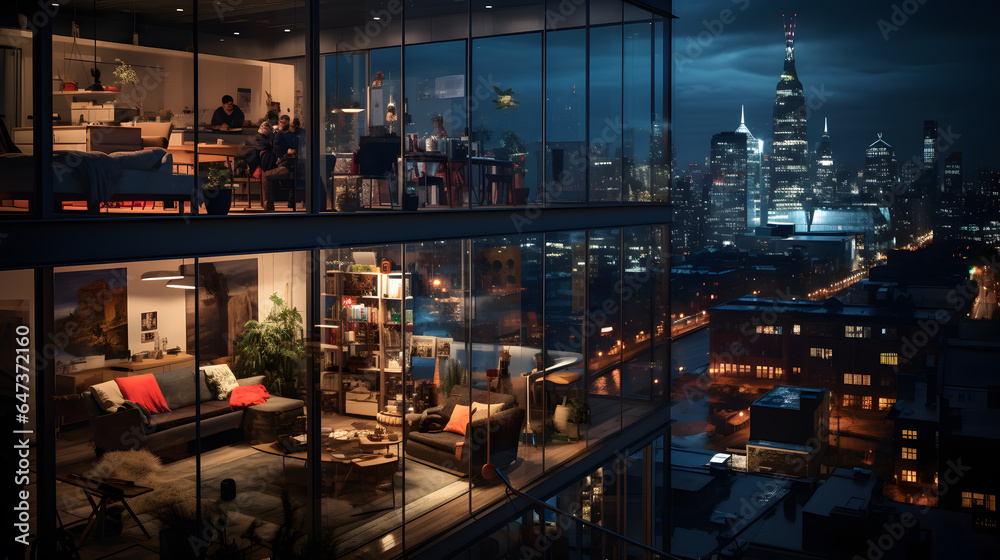 Obraz premium a contemporary loft, with the bustling street below as the background