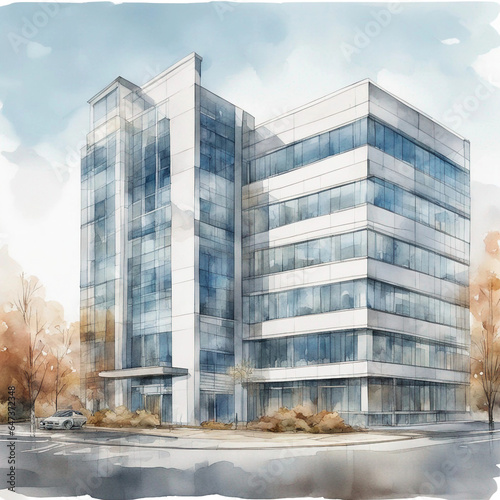 Modern Office Building - Futuristic Architecture - Watercolor Painting Drawing - Generative AI