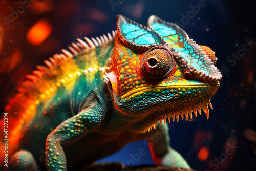 Colorful green panther chameleon lizard on a tree. Beautiful extreme close-up with cinematic bokeh, Psychedelic and vibrant animal artwork. Beautiful multicolor scales.