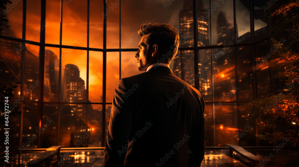 Entrepreneurial Vision: Silhouetted Businessman with Cityscape. Generative AI.