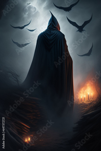 portrait of a scary dementor from Harry Potter, above a pile of corpses, dark and scary night, realistic, detailed, horror, spooky, terror