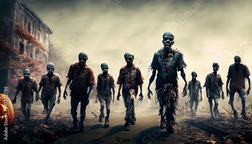 zombie walking, group of zombie walking. Halloween concept 2024, Halloween ghost fashion 31 October night 