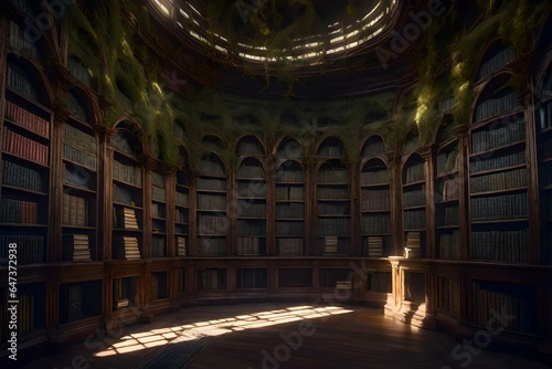 an ancient, overgrown library in a hidden forest - AI Generative