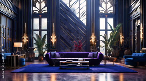 Art Deco interiors with bold lines and metallic finishes 