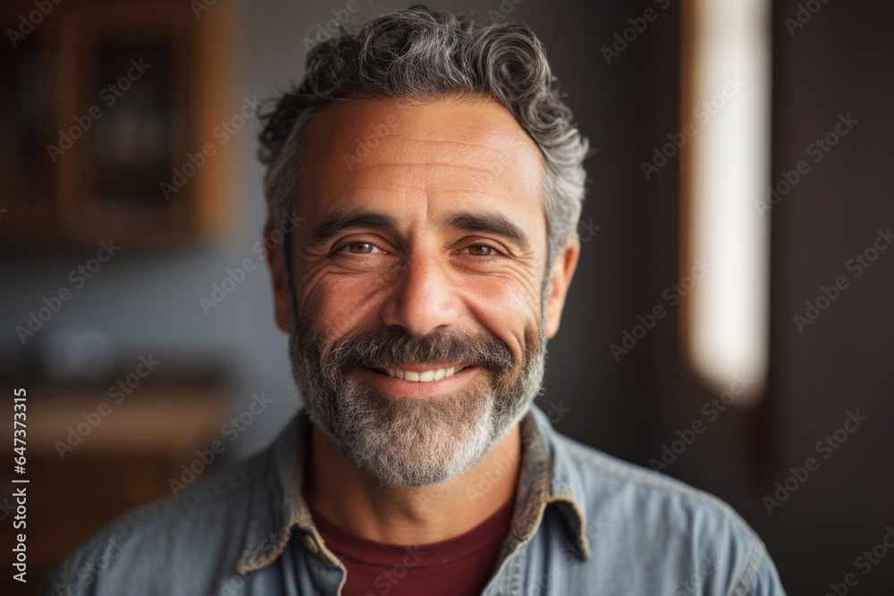 Smiling happy adult man in age of 50s standing in home kitchen interior. Diverse age concept Smiling happy adult man in age of 50s standing in home kitchen interior. Diverse age concept