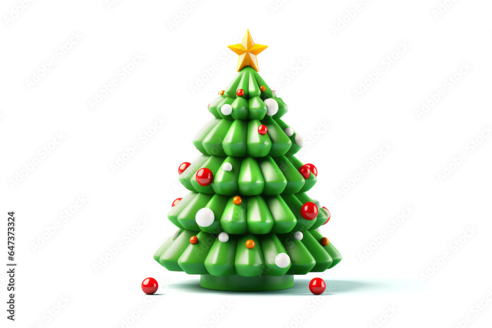 3d Xmas decoration New Year tree with golden star and red ball ornaments on white background. Christmas holiday concept 3d Xmas decoration New Year tree with golden star and red ball ornaments on white background. Christmas holiday concept