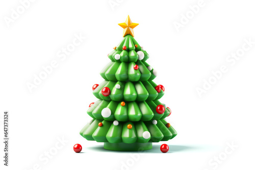 3d Xmas decoration New Year tree with golden star and red ball ornaments on white background. Christmas holiday concept