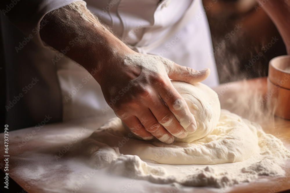 Male hands kneading the dough for baking bread pasta pizza. Handmade cooking concept