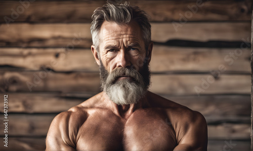 A strong man in his 50s posing for a photo, concept of bodybuilding after 40 years, fitness aged man with muscles