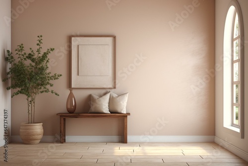 Interior view of a farmhouse hallway with a wall mockup  depicted through a realistic 3D rendering. Generative AI