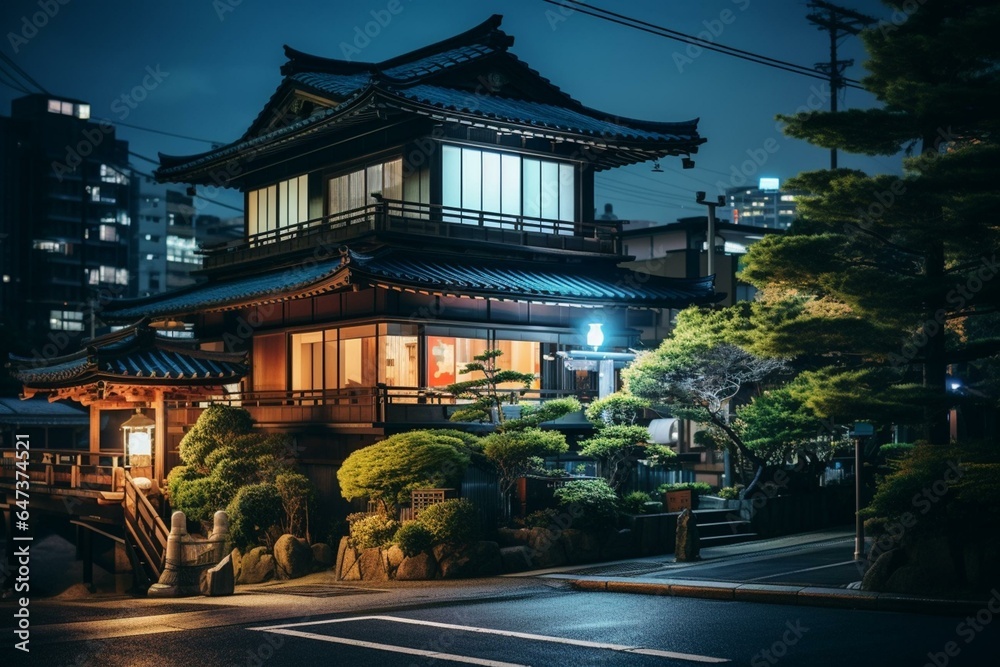 Nighttime view of a Japanese building. Generative AI