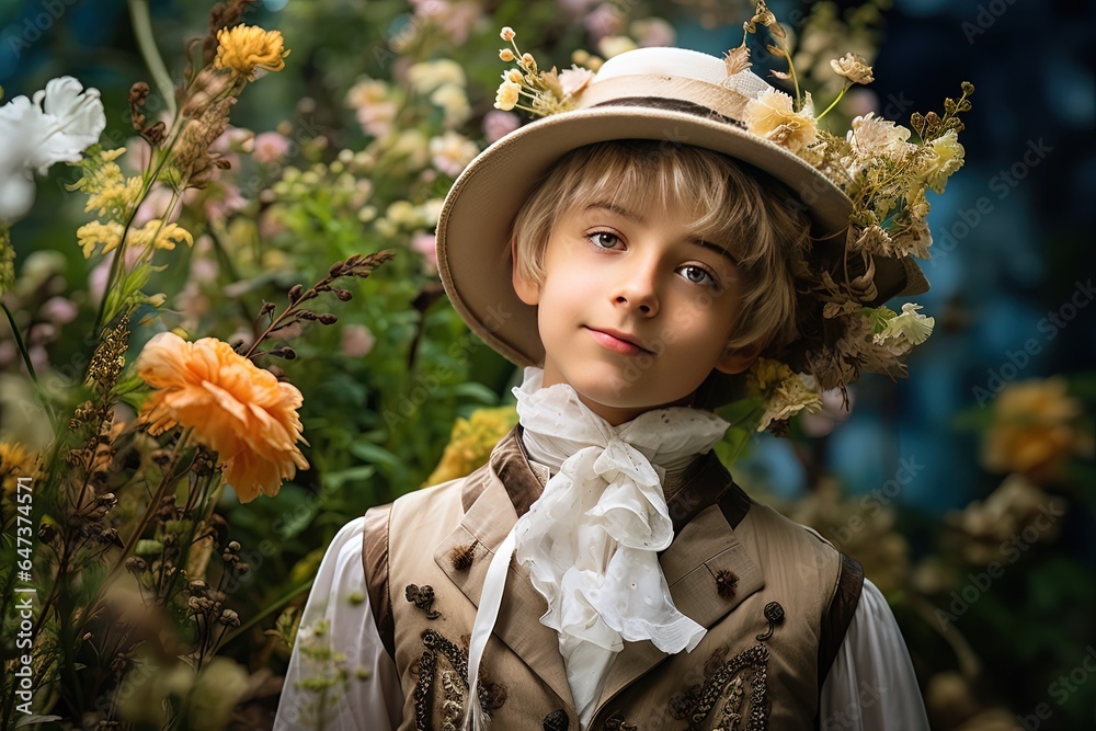  close up portrait of cute young gentleman boy wearing Regency outfit standing in flower garden, Generative Ai