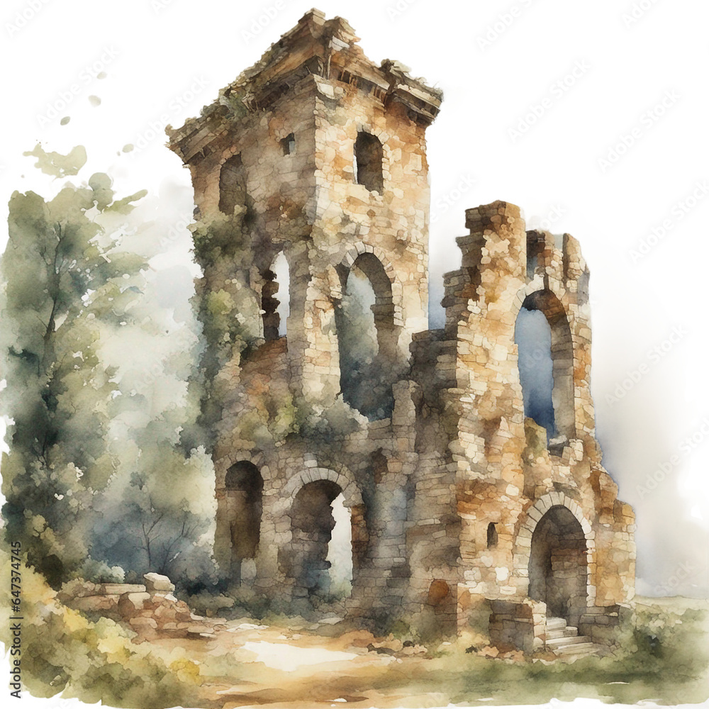 Old Stone Ruin Arch - Watercolor Painting Drawing - Generative AI