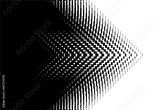 A smooth transition from black to white in the form of an arrow made of abstract pixels. Monochrome striped pattern. Modern vector background