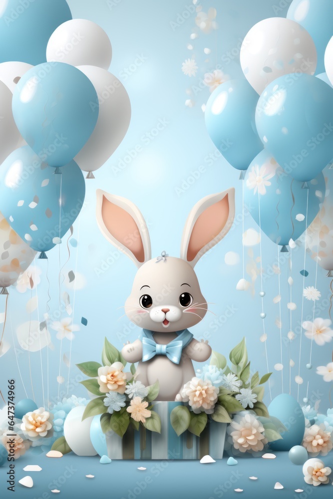 Rabbit toy with blue balloons and gift boxes. Baby boy party illustration