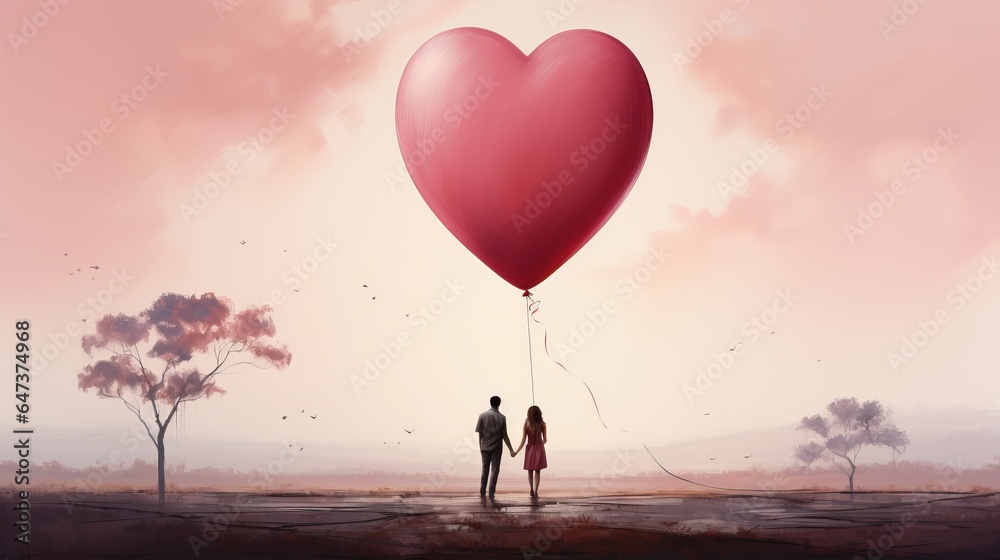 A couple in love walks with heart-shaped balloons in the sky. Concept: Valentine's day, lovers on a date
