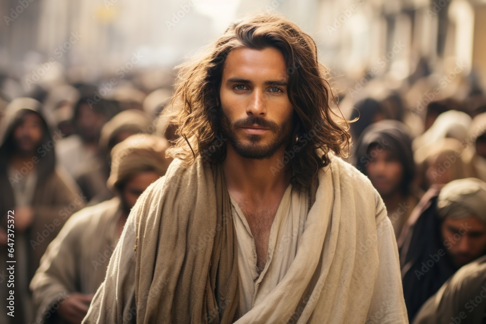 Jesus in a crowd in a modern city. Jesus in a crowd in a modern city.