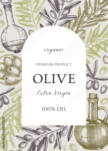 Olive oil background. Hand-drawn vector illustration. Olive tree branches, glass bottle, olives sketches. Italian food frame in vintage style. Vegetable oil design template