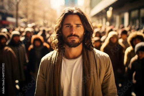 Jesus in a crowd in a modern city. © lublubachka