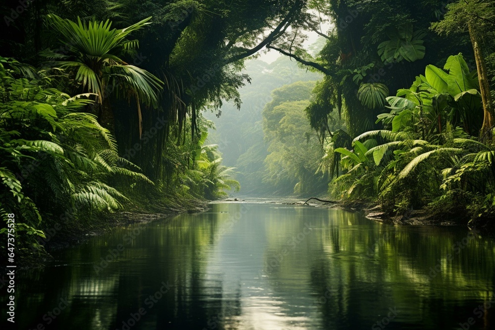 Lush amazonian river surrounded by tropical vegetation. Generative AI