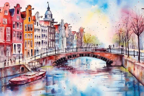 Amsterdam sketch style watercolor illustration, wall art poster with Amsterdam city view with water canal
