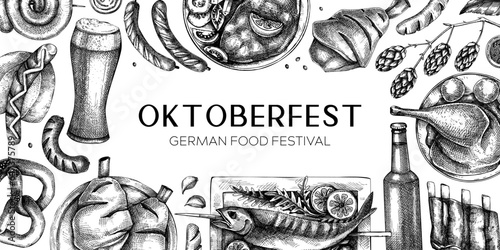 Oktoberfest background. German food and drinks menu design template. Meat dishes sketches. German cuisine vintage frame. Traditional beer festival banner. Oktoberfest party