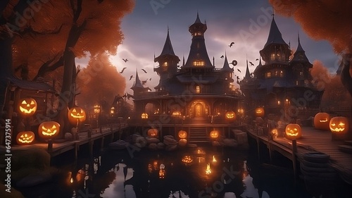 Spooky Halloween background, at night with bats in the sky, an eiry house and jack-o-lanterns on the dock © Jared