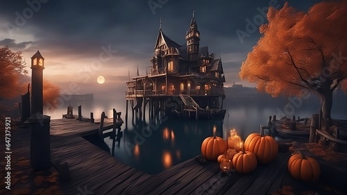 Spooky Halloween scene with a lone eery house on the lake and pumpkins on the dock, with the moon rising in the sky #647375921