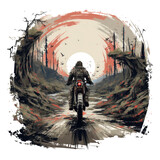 An epic motarsaikal biker t-shirt design set in a dystopian future, the biker navigating through a post-apocalyptic wasteland, typography with distressed and gritty fonts, Generative Ai