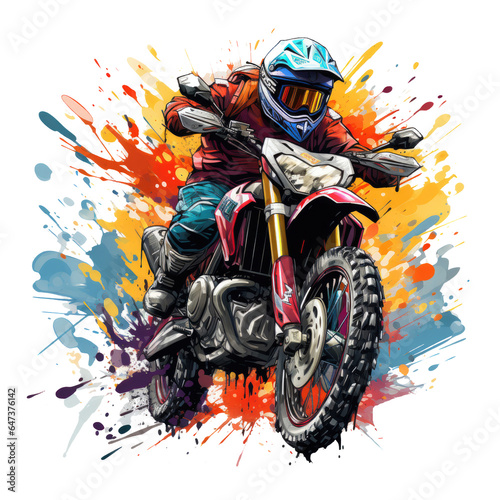  A vibrant motarsaikal biker t-shirt design inspired by street graffiti, the biker riding through a colorful urban landscape covered in graffiti and murals, Generative Ai