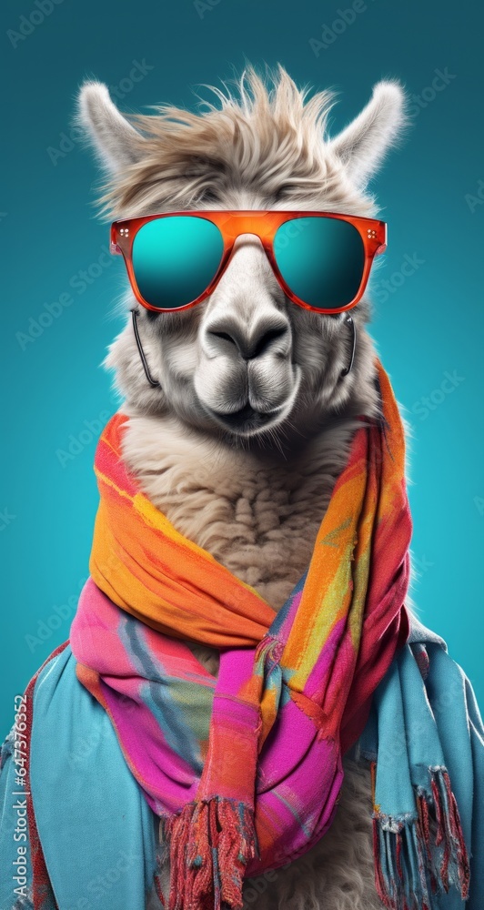 This whimsical picture of a furry llama wearing blue sunglasses and a cozy scarf invites viewers to experience the joy and freedom of embracing one's individual style and personality