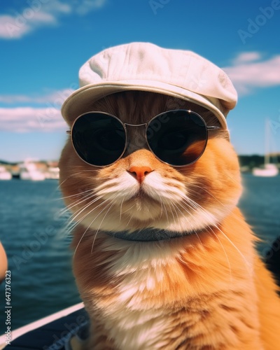 In this funny, anthropomorphic scene, an orange cat wearing a hat and sunglasses soaks up the sun while standing atop a tranquil sky-blue body of water © mockupzord