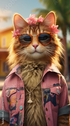 This playful and mischievous feline  with its bright fur and expressive whiskers  is showing off its stylish sunglasses and jacket as it enjoys a sunny day outdoors