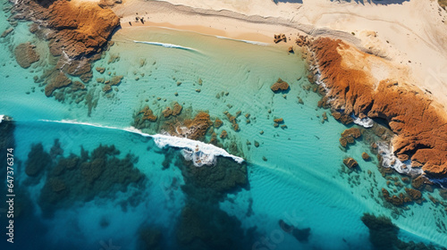 an aerial shot of a beach with big blue sky and clear waters, in the style of transavanguardia, photo