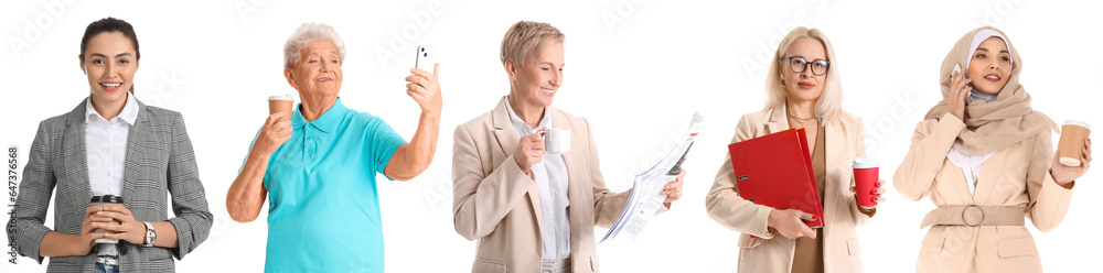 Collage of different women with cups of aromatic coffee on white background Collage of different women with cups of aromatic coffee on white background