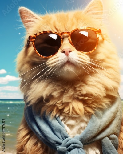 This quirky cat with its stylish sunglasses and orange scarf looks out into the bright sunshine, ready to take on the day with its cheerful attitude