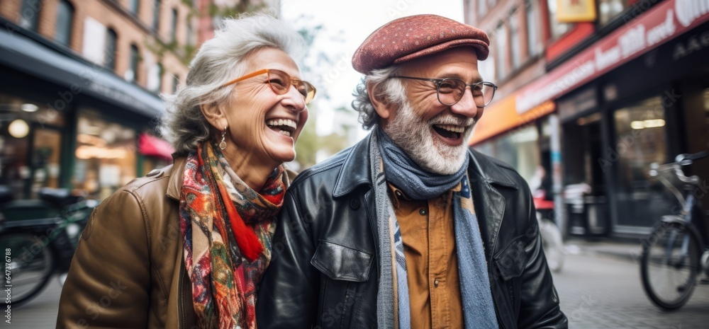 a happy senior couple smiling in an outdoor setting