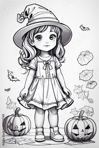 A cute cartoon girl in a Halloween witch costume with pumpkins and a magic wand outlined for the coloring page on a white background
