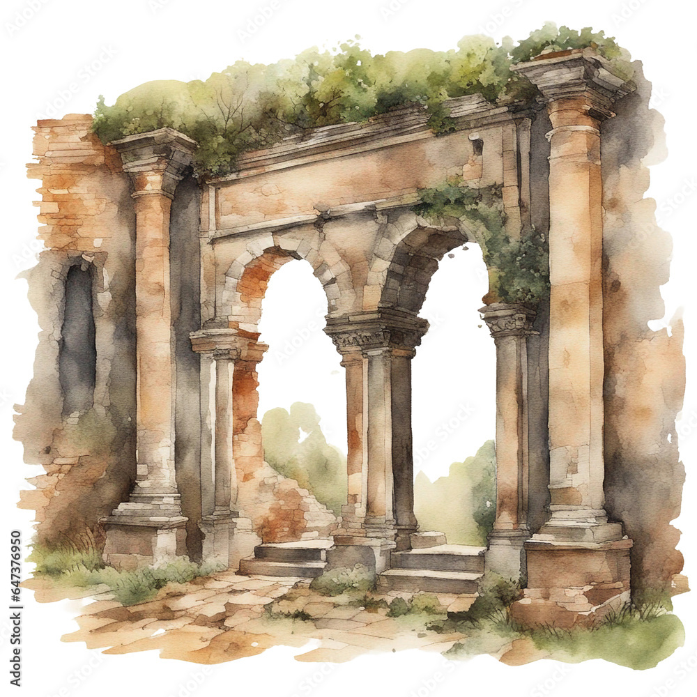 Fototapeta premium Old Stone Ruin Arch - Watercolor Painting Drawing - Generative AI
