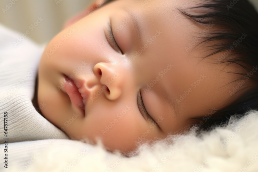 Cute asian baby sleeping on soft blanket, closeup view